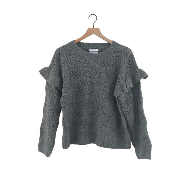 Old Navy Gray Pointelle-Knit Ruffle Sleeve Sweater - Size Medium - Picture 2 of 9